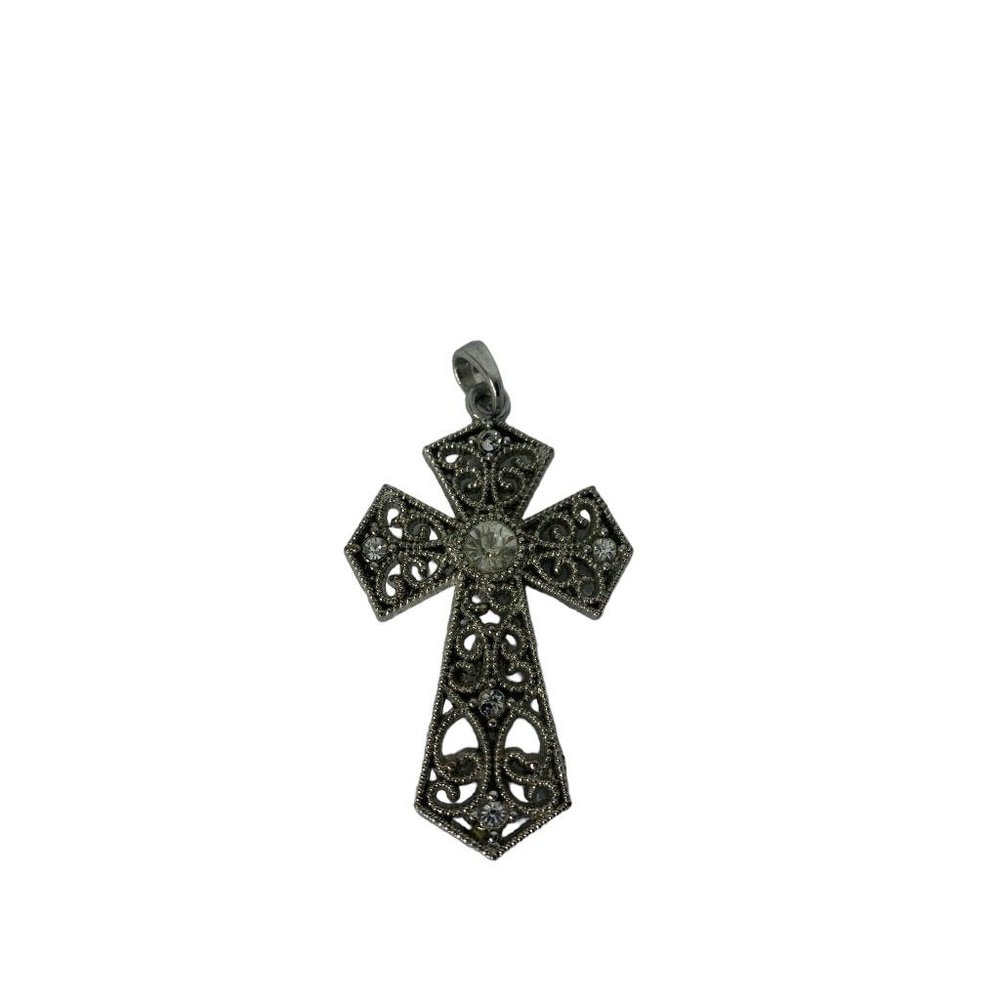 Silvertone 2" Cross Pendant Pierced Design Costume Jewelry